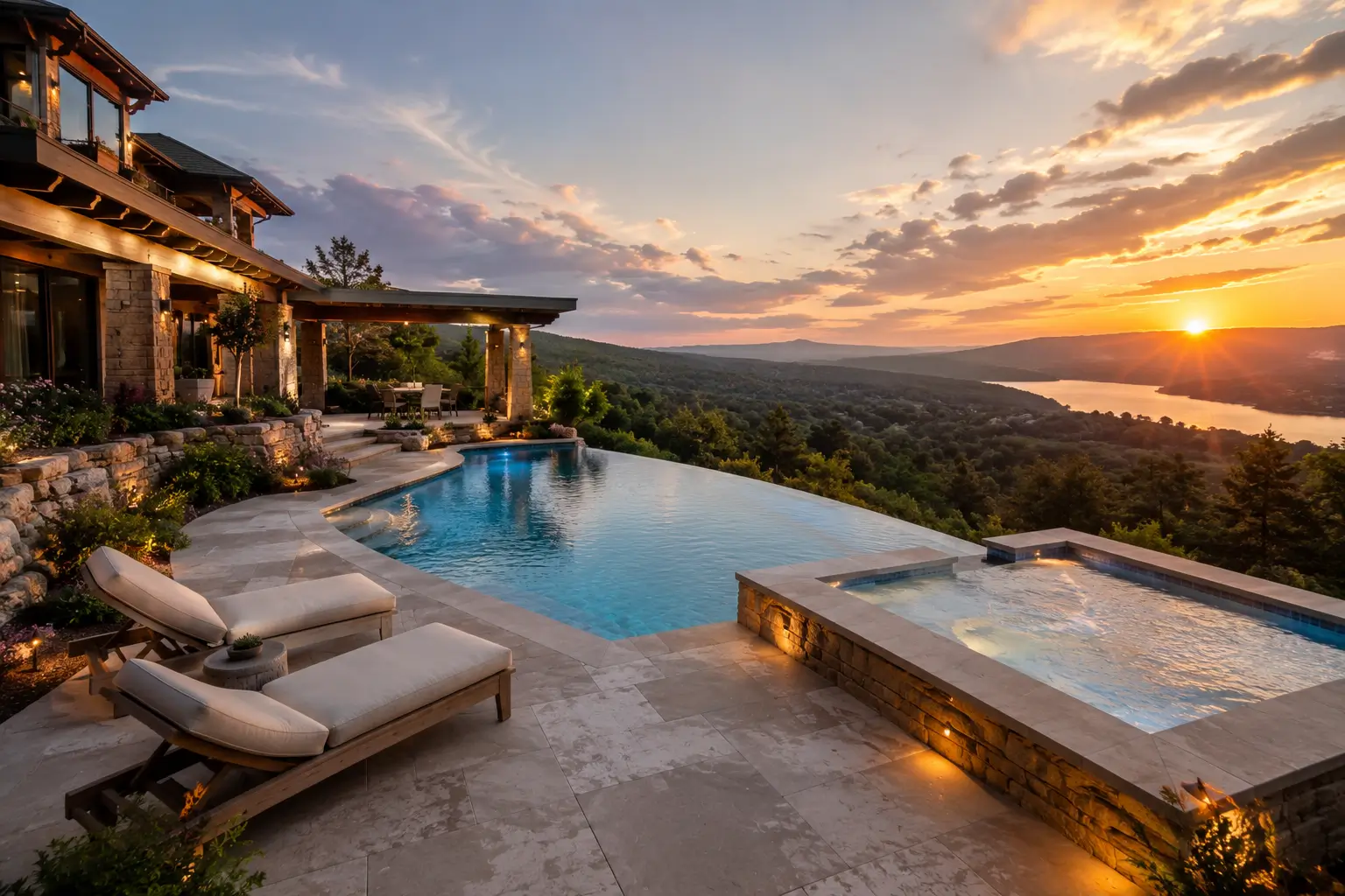 Custom hillside luxury swimming pool with scenic views
